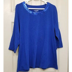 🆕️ Lane Bryant Blue Sequin Accent Neckline Modern Fit Top 3/4 Length Sleeve